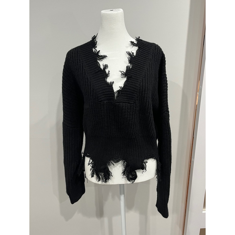 HERA COLLECTION Black Distressed V Neck Sweater Long Sleeve Raw Hem Casual‎